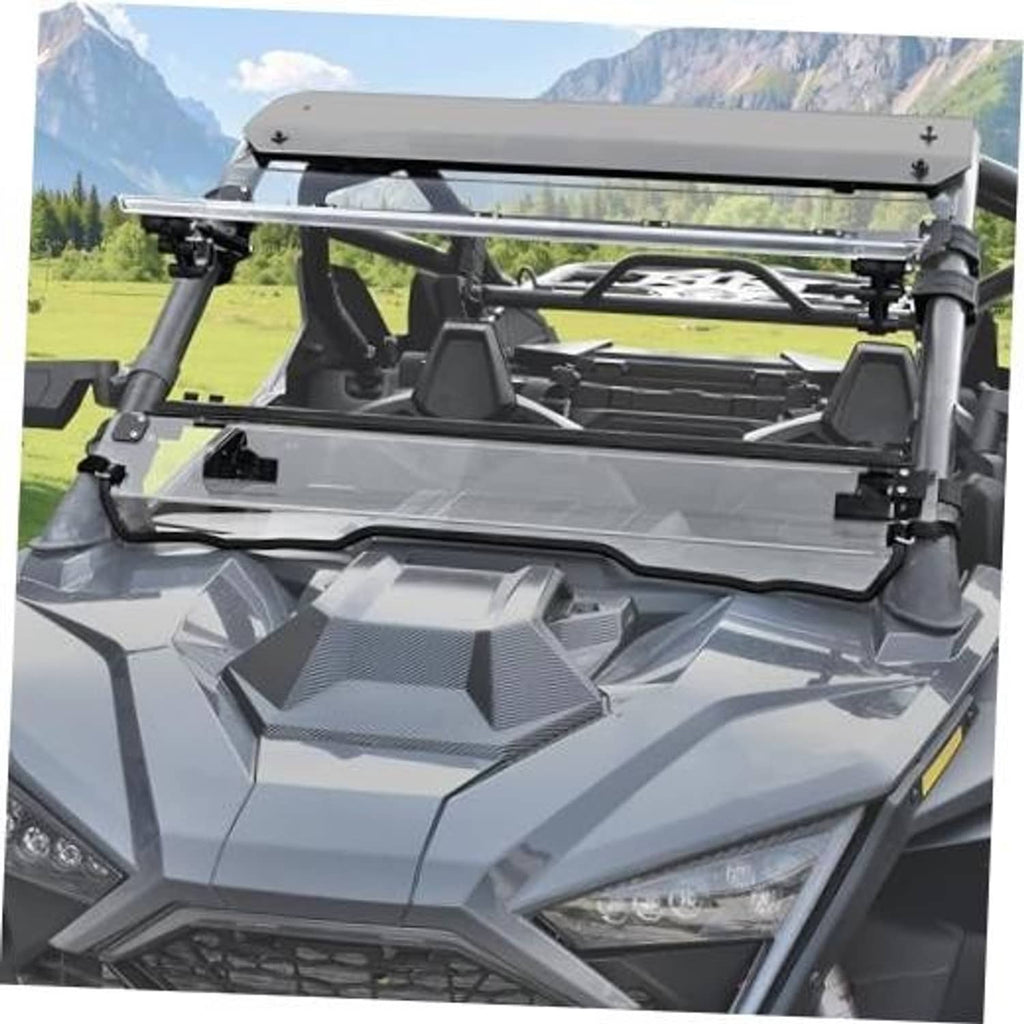 3-in-1 flip-up windshield with clear panel and black mounting brackets on a UTV