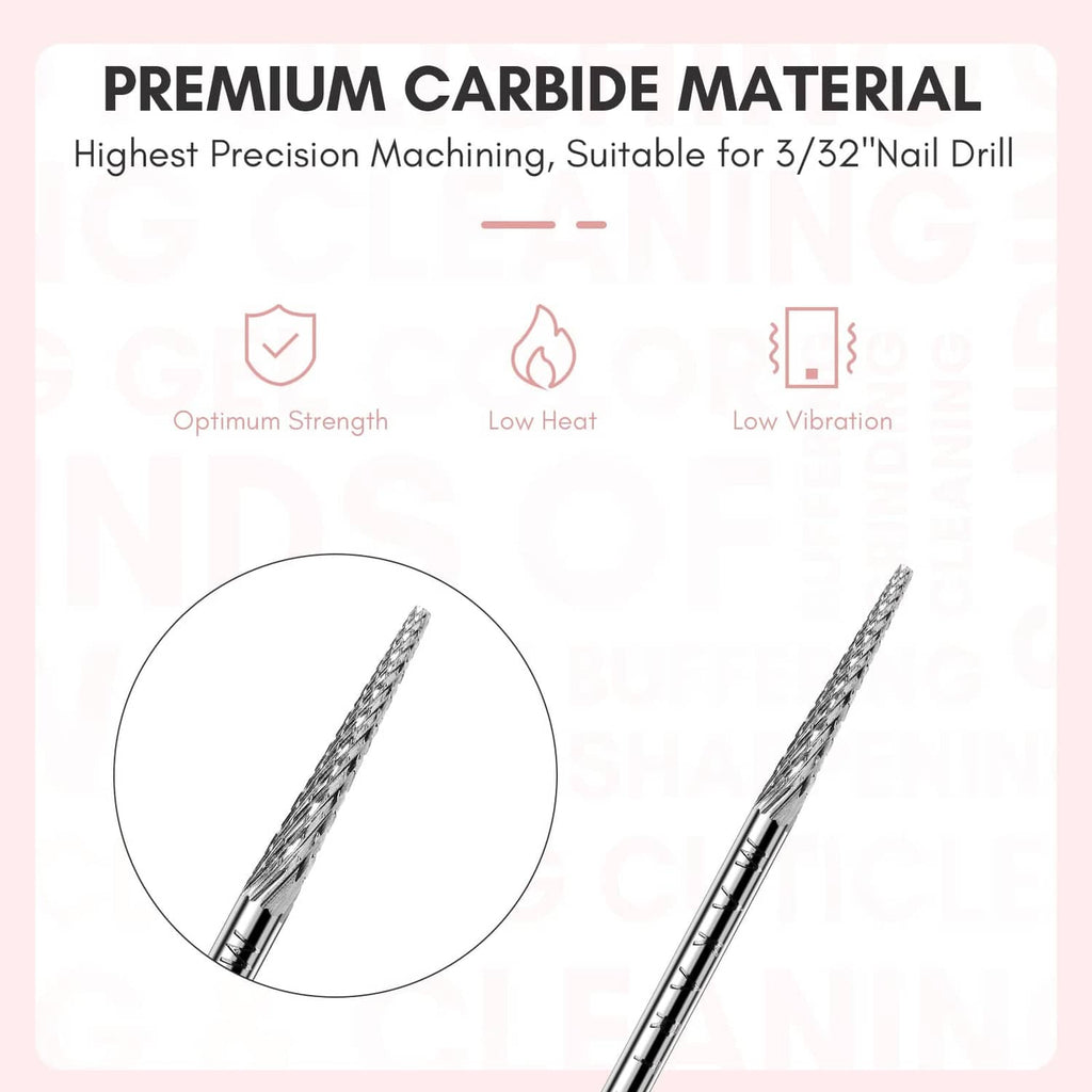 Carbide cuticle nail drill bit with twisted flute texture on the metal shaft