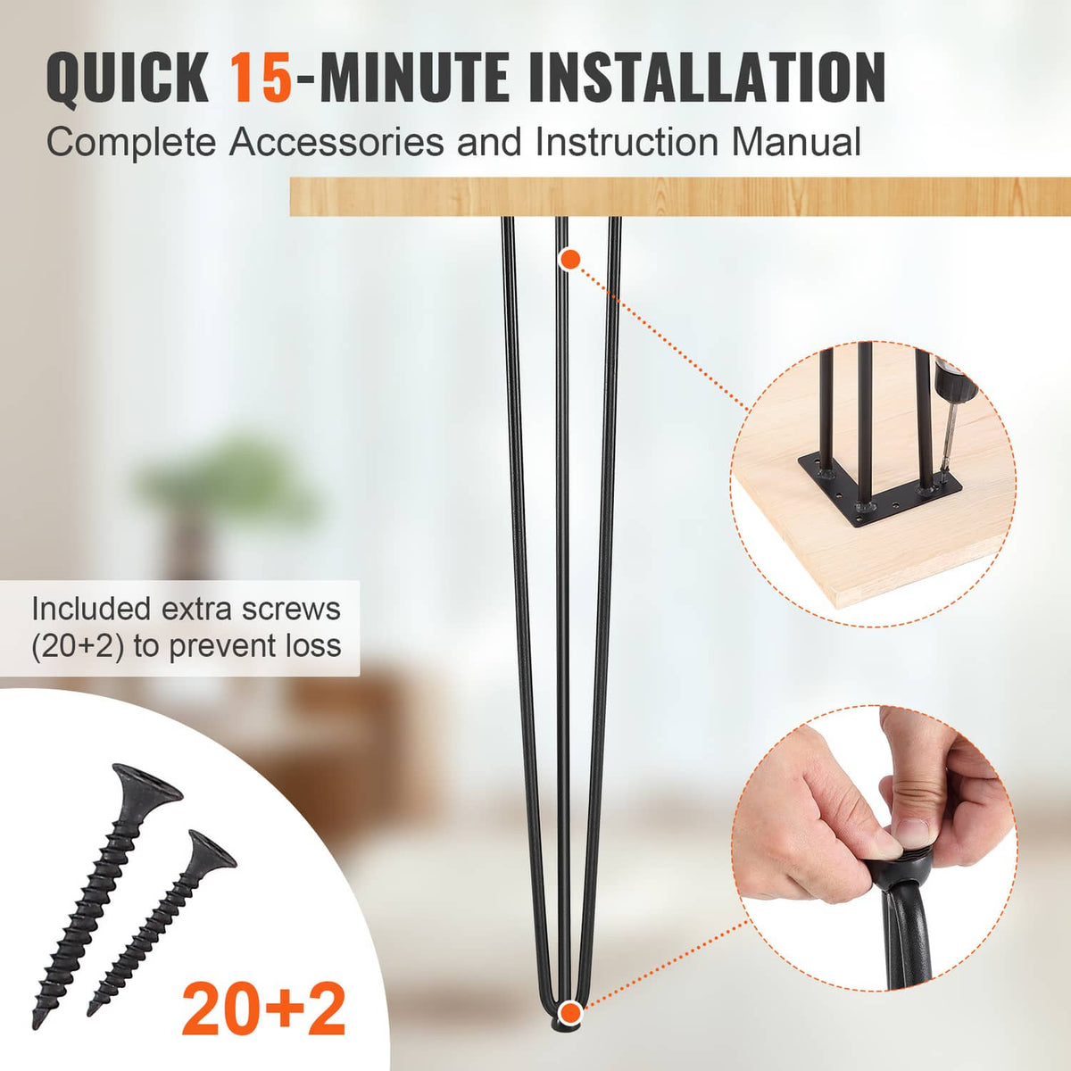 Black steel table legs with mounting hardware for quick installation