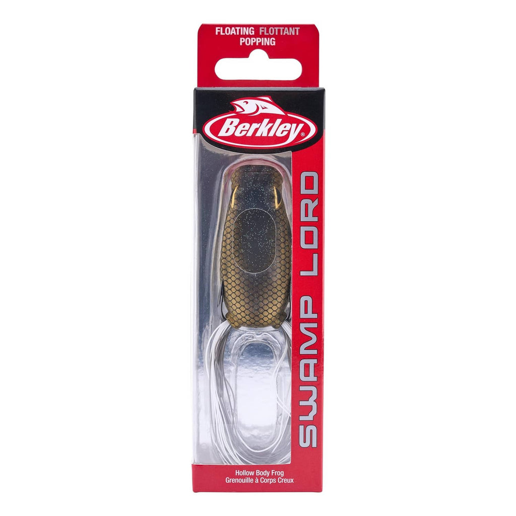 Soft hollow-body popping frog fishing lure, floating, dark gold/black with hooks