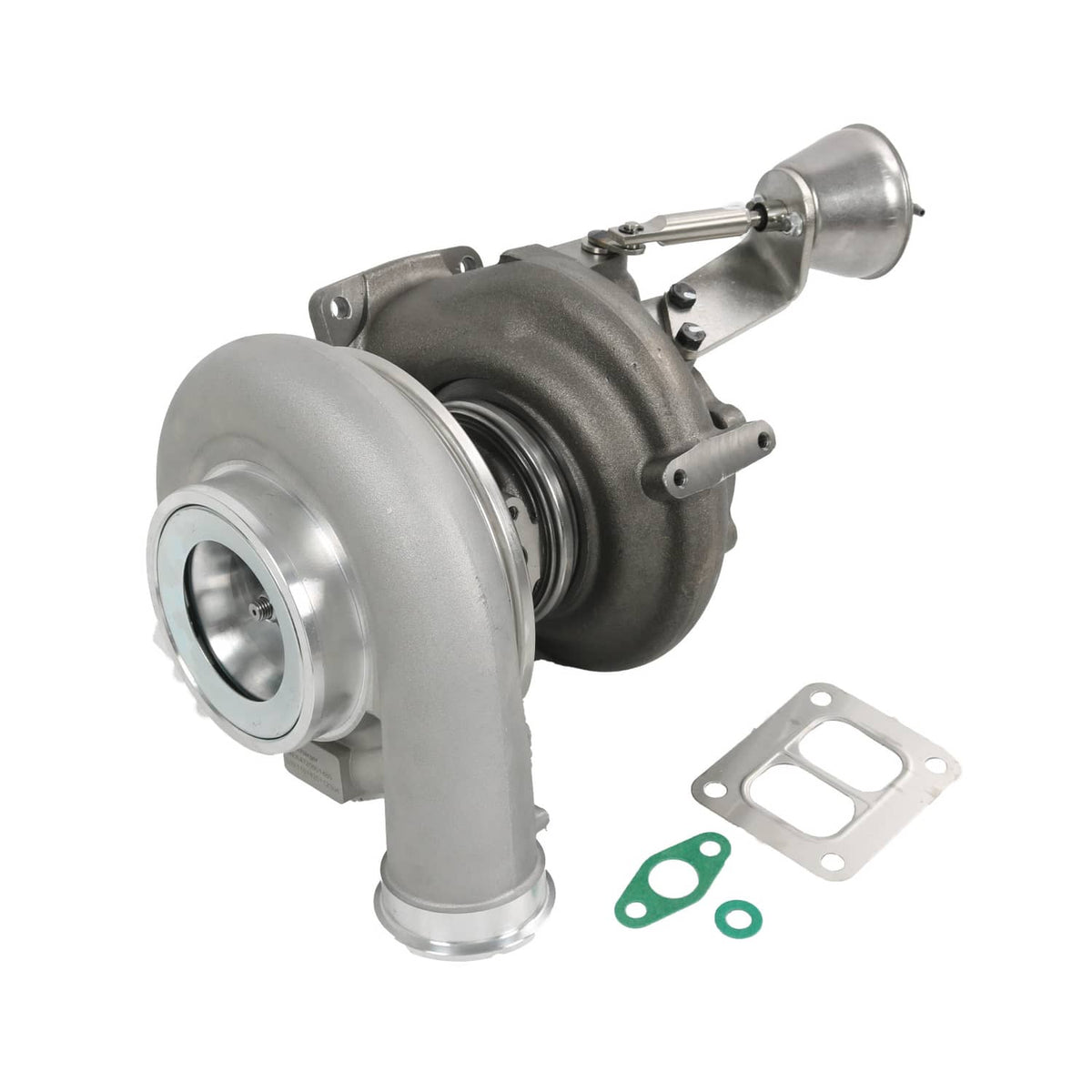 Turbocharger assembly with silver compressor inlet and green gasket set