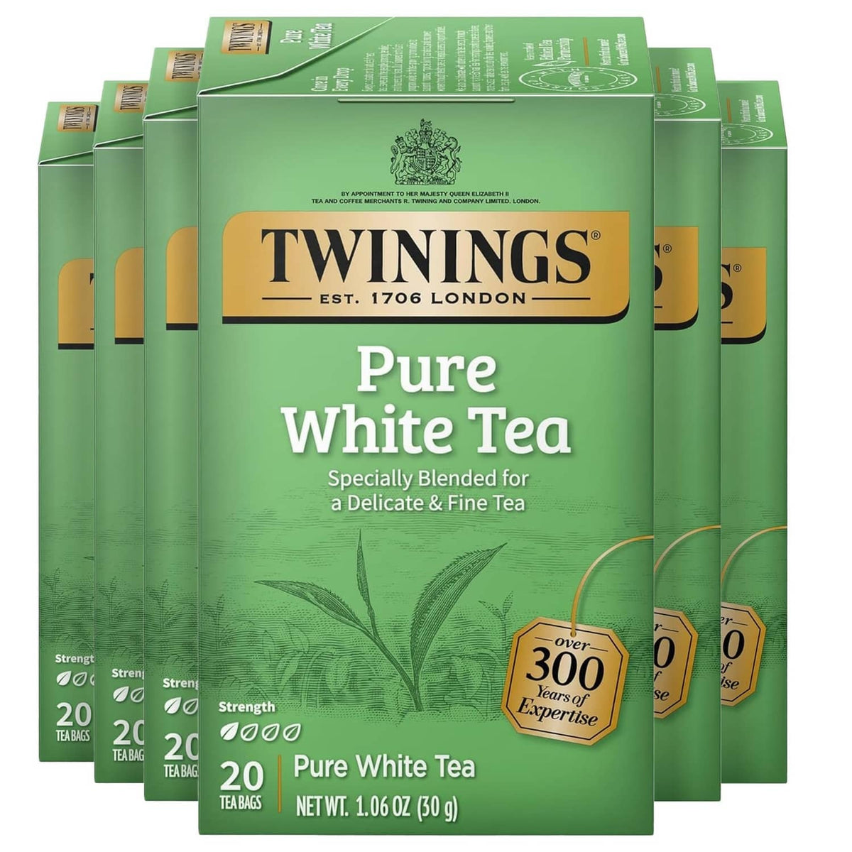 Twinings Pure White Tea bag pack, unopened 20-count green carton with leaf artwork