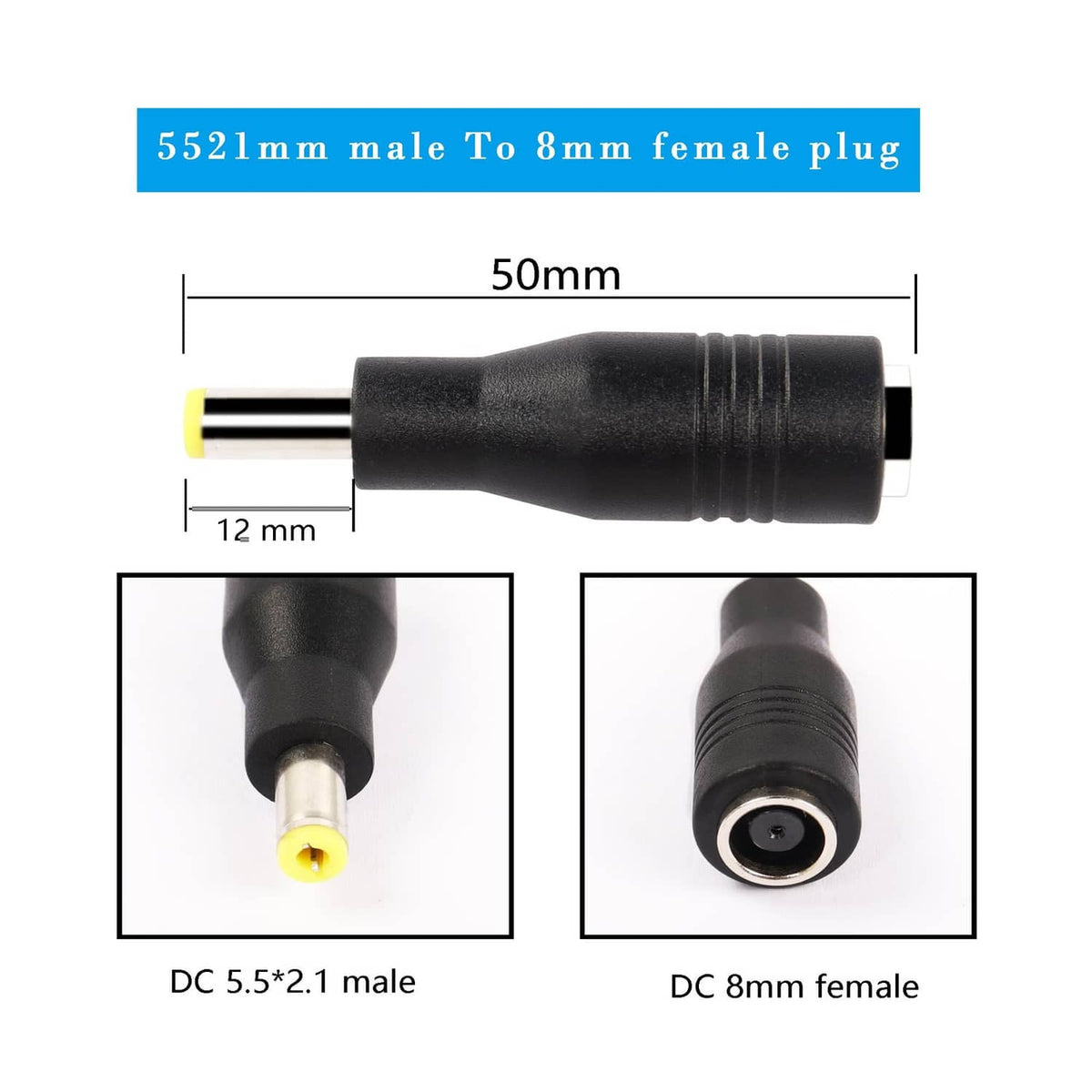 Black 50mm DC adapter, 5.5x2.1 male to 8mm female plug pair