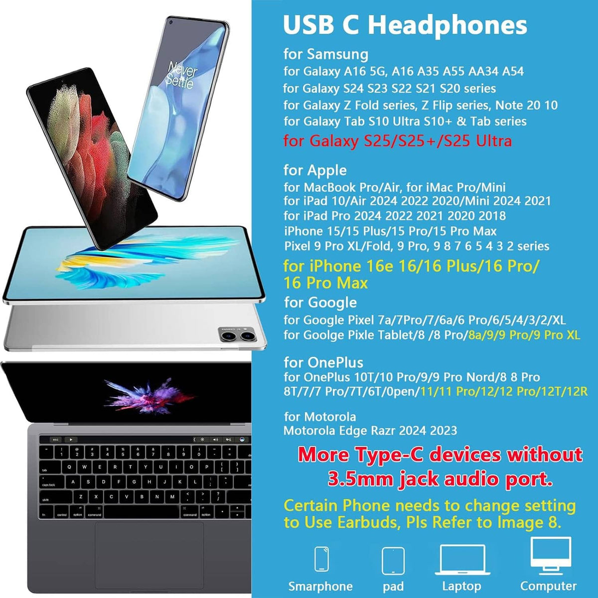 USB-C headphone set shown with connector and device compatibility icons