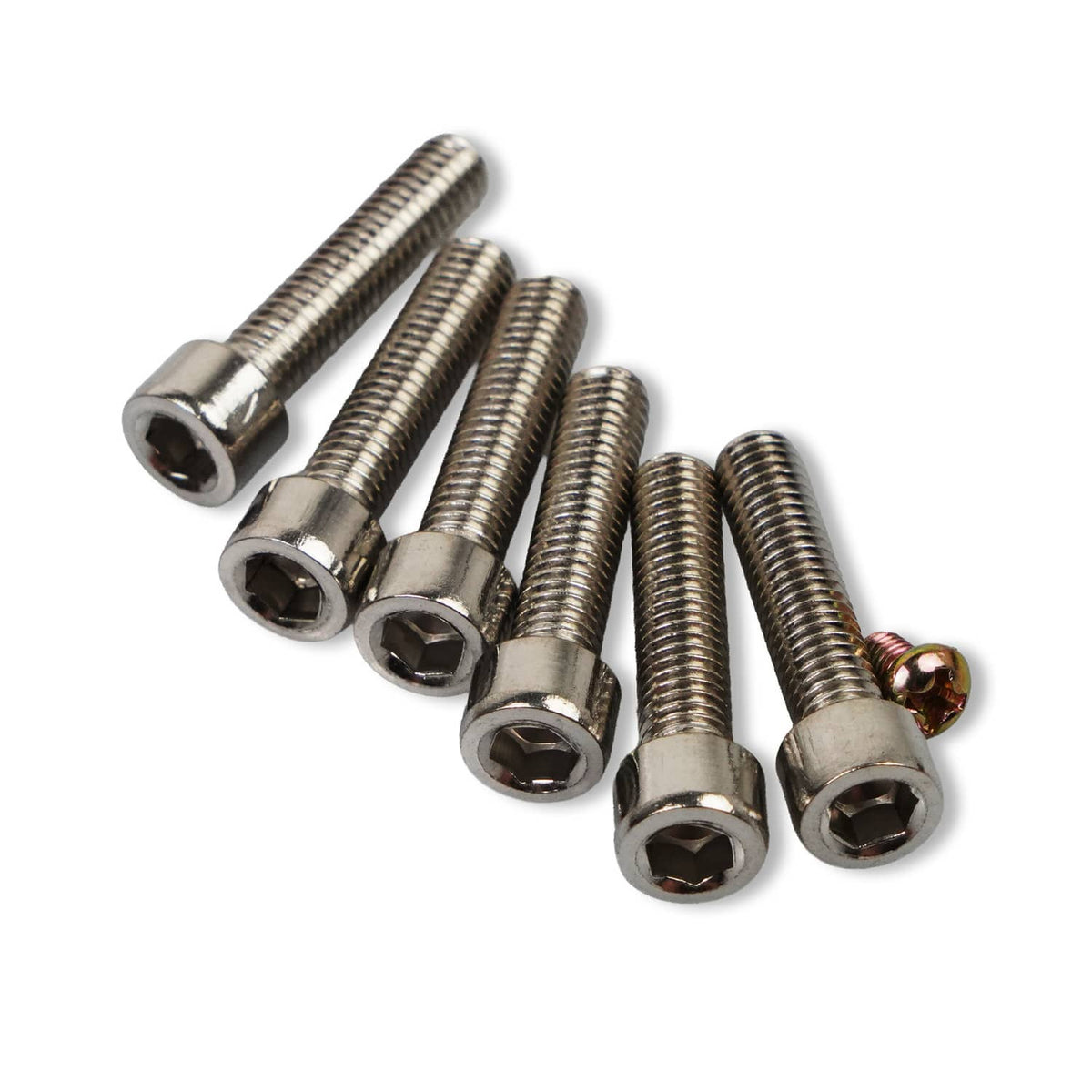 Polished steering wheel hub adapter mounting bolts with hex sockets and threaded shafts