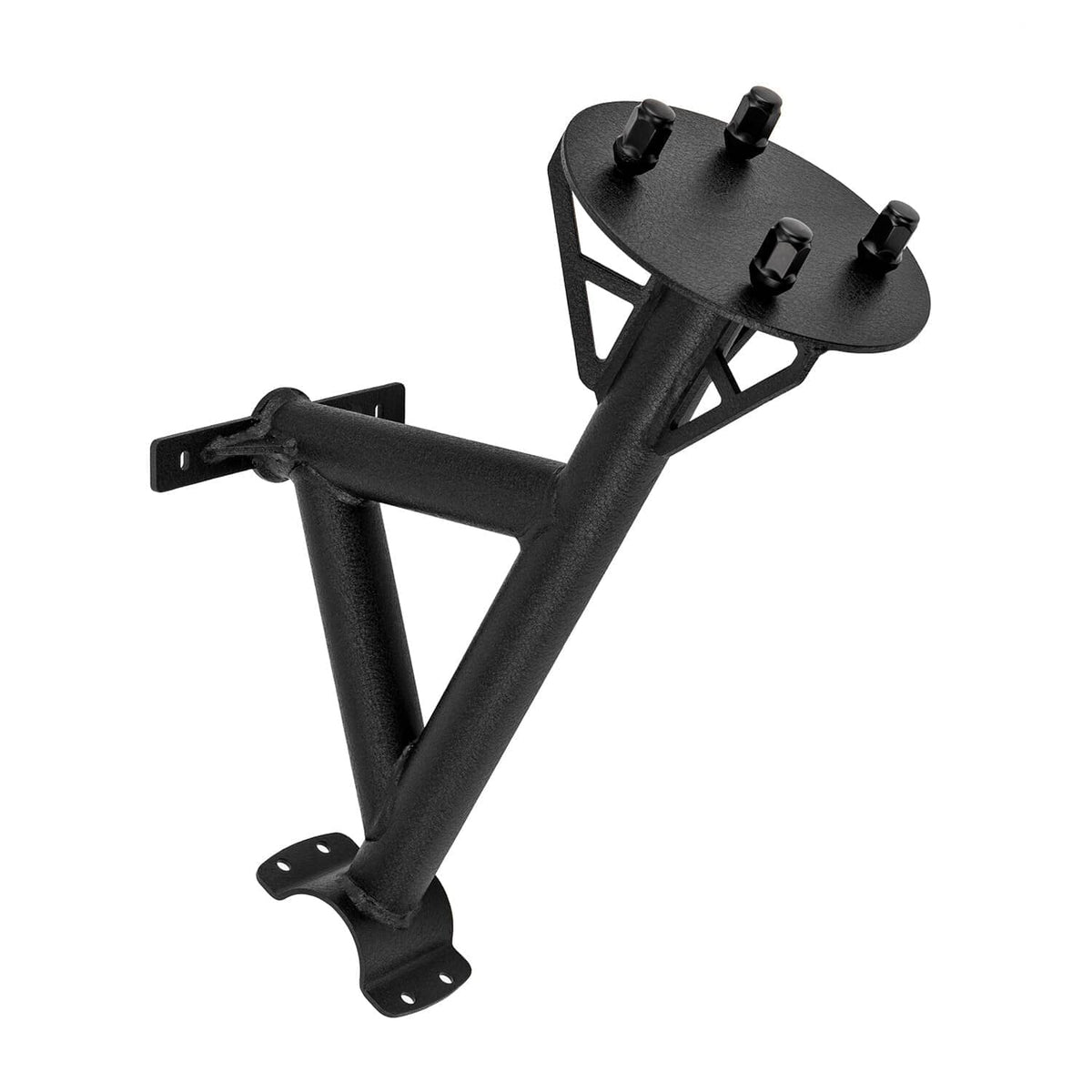 Spare tire carrier mount rack holder, black steel frame with top round plate and side bracket