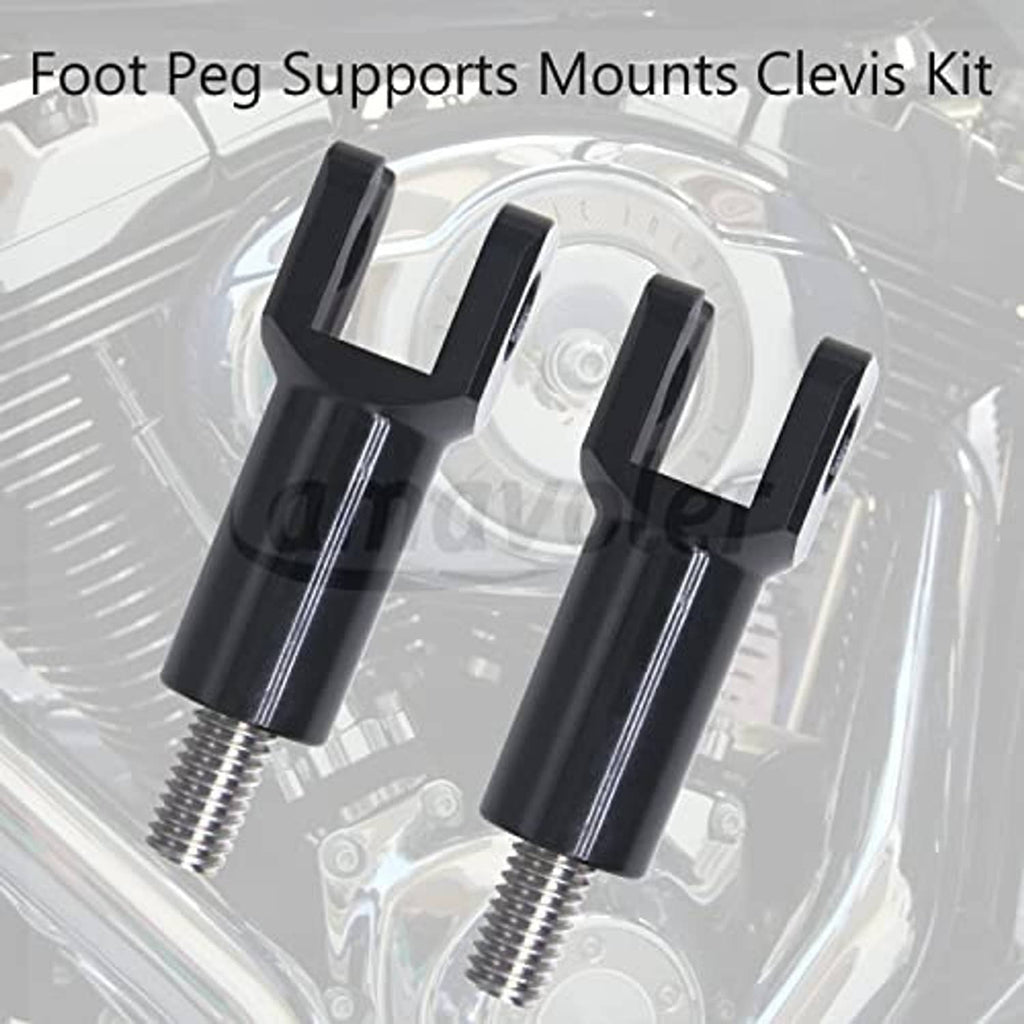 Pair of black foot peg clevis mounts with threaded stems for installation