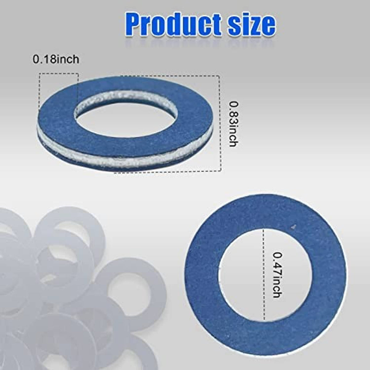 Blue circular crush washer gasket with center hole, shown with product size diagram