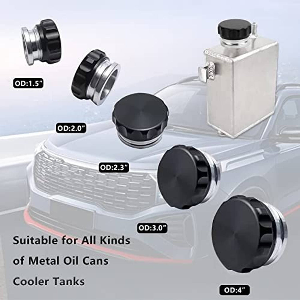 Multiple aluminum filler neck caps with black tops and silver rings, different sizes shown