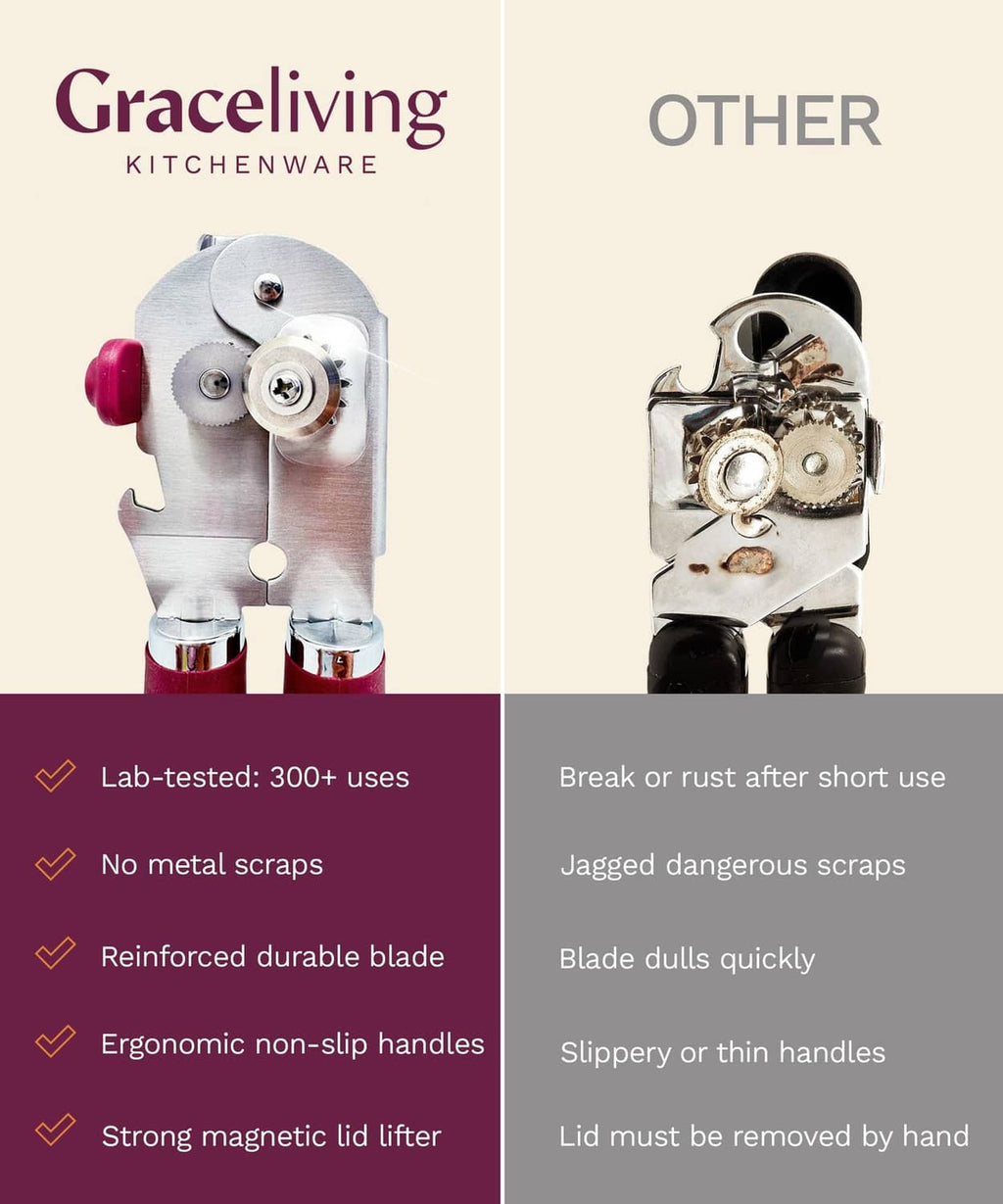Graceliving manual can opener with mauve handles and stainless steel head