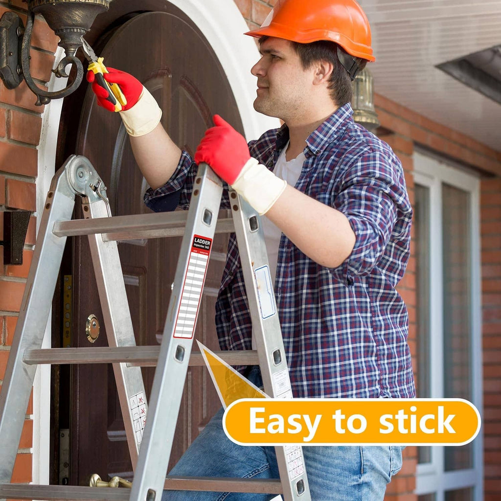 Self-adhesive ladder inspection tag with red header, date and signature, applied to ladder