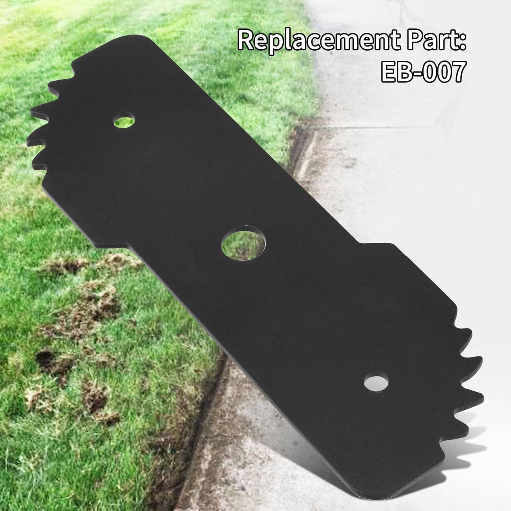 Black replacement edger blade with mounting holes and serrated teeth on lawn walkway
