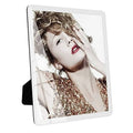 White 8x10 standing picture frame with clear front, portrait photo inside.