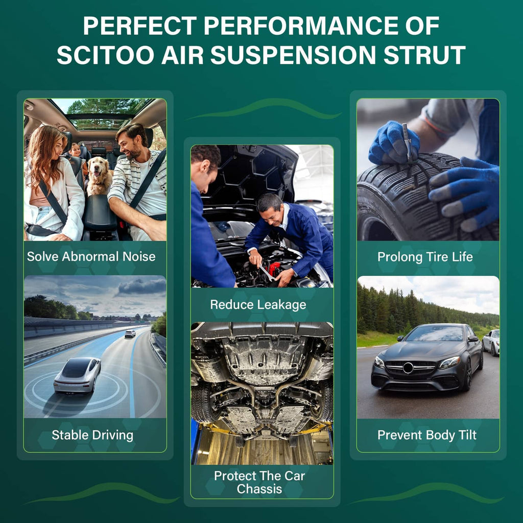 Air suspension strut performance infographic with benefits and care points