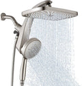 Nickel overhead rain shower head with handheld spray, water streaming