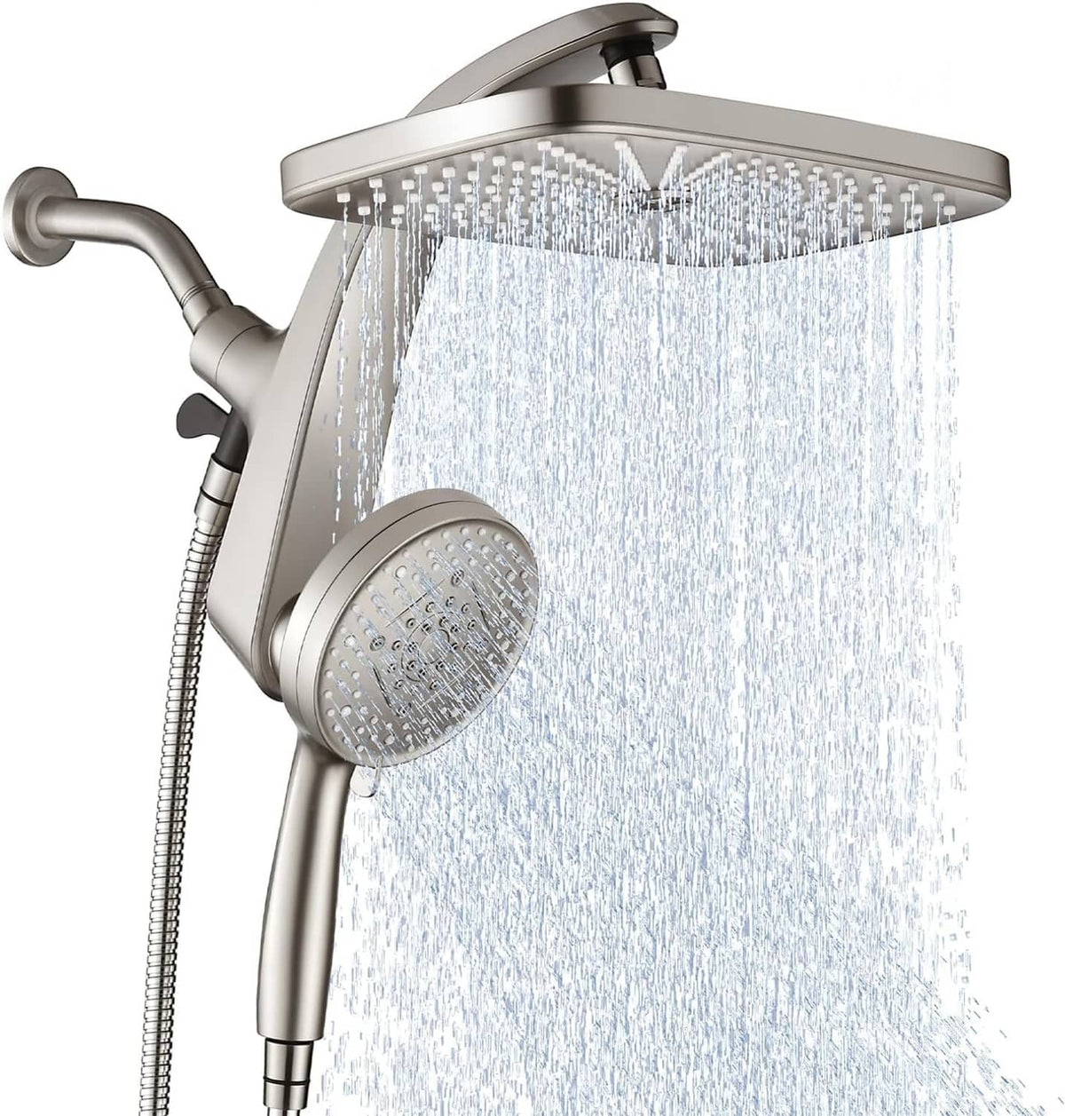 Nickel overhead rain shower head with handheld spray, water streaming