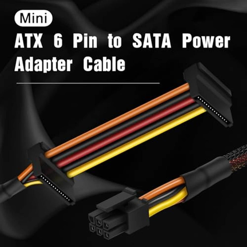 Mini ATX 6-pin to SATA power adapter cable with angled black SATA plug and orange wires