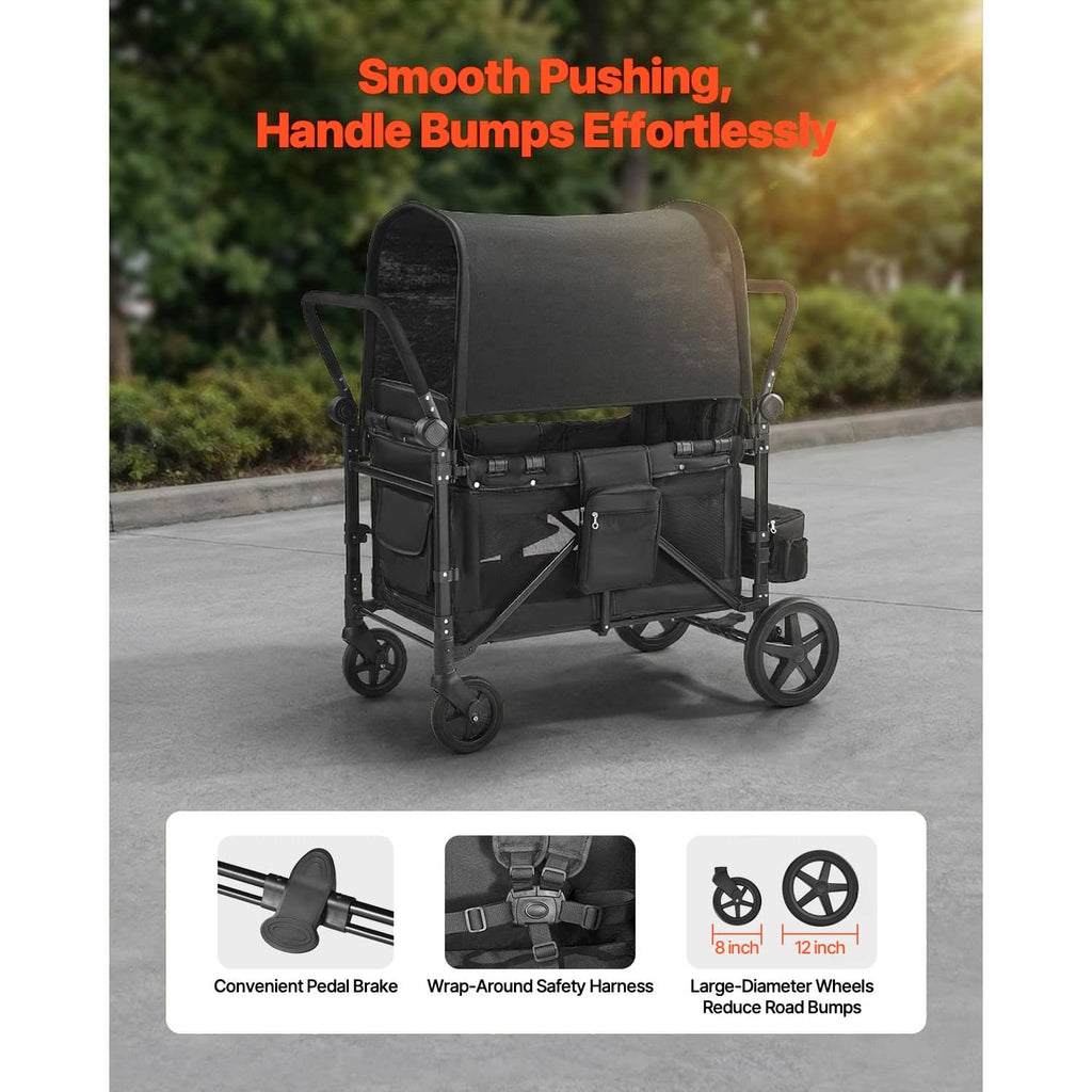 Black 4-seat wagon stroller with smooth push handle and large rear wheels