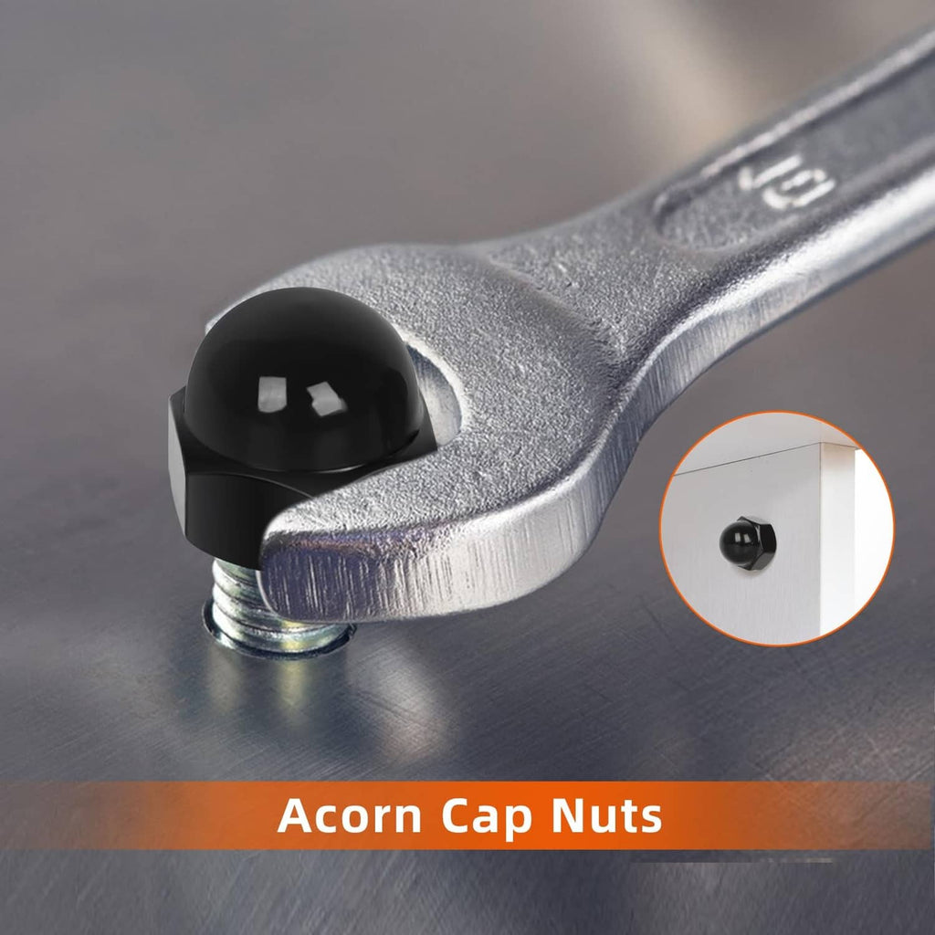 Black acorn cap nut with domed top on a metal bolt; threads visible