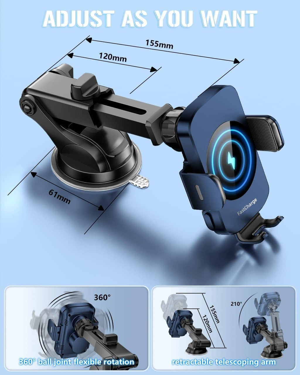 Adjustable wireless car charger mount with telescoping arm and locking cradle