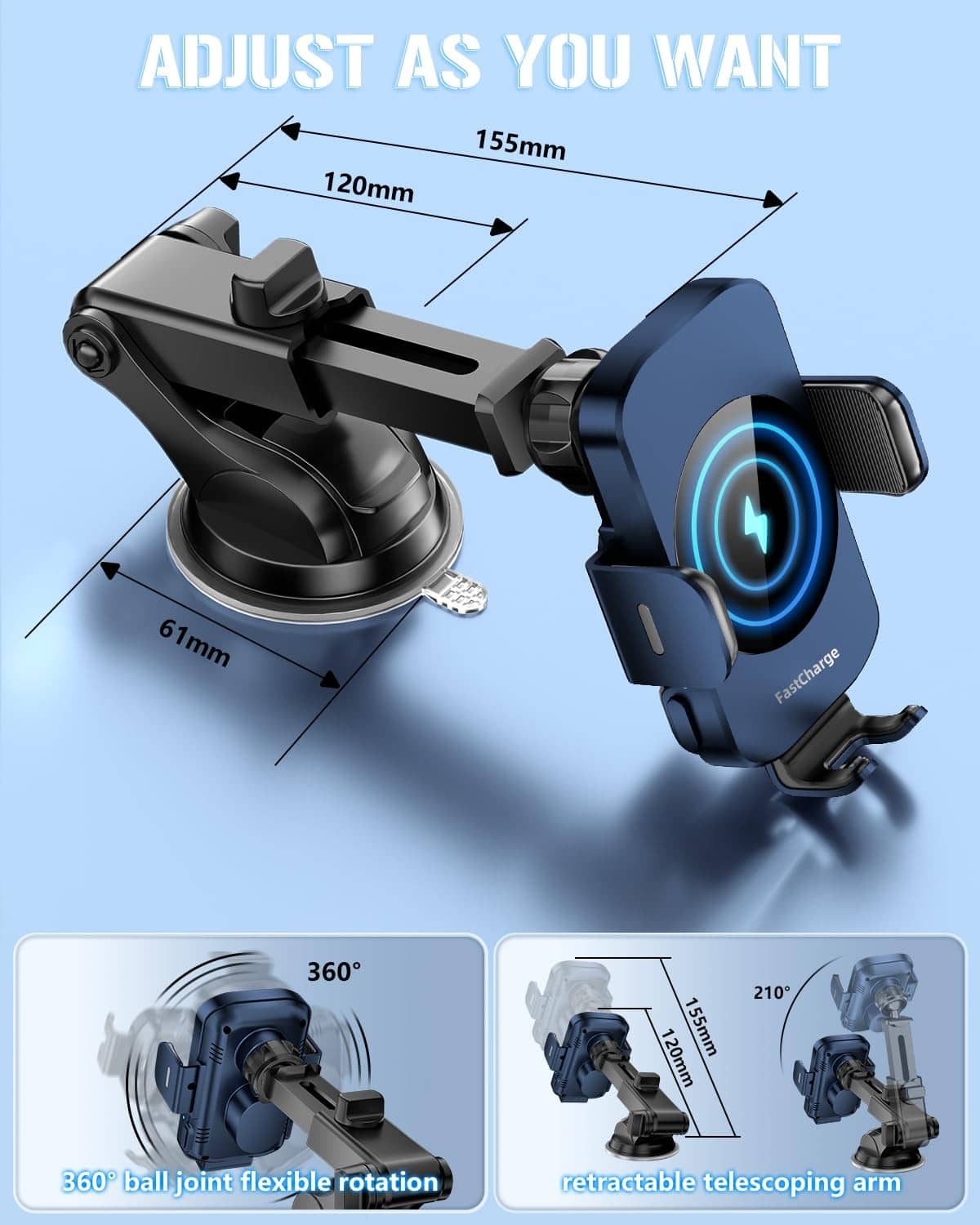 Adjustable wireless car charger mount with telescoping arm and locking cradle