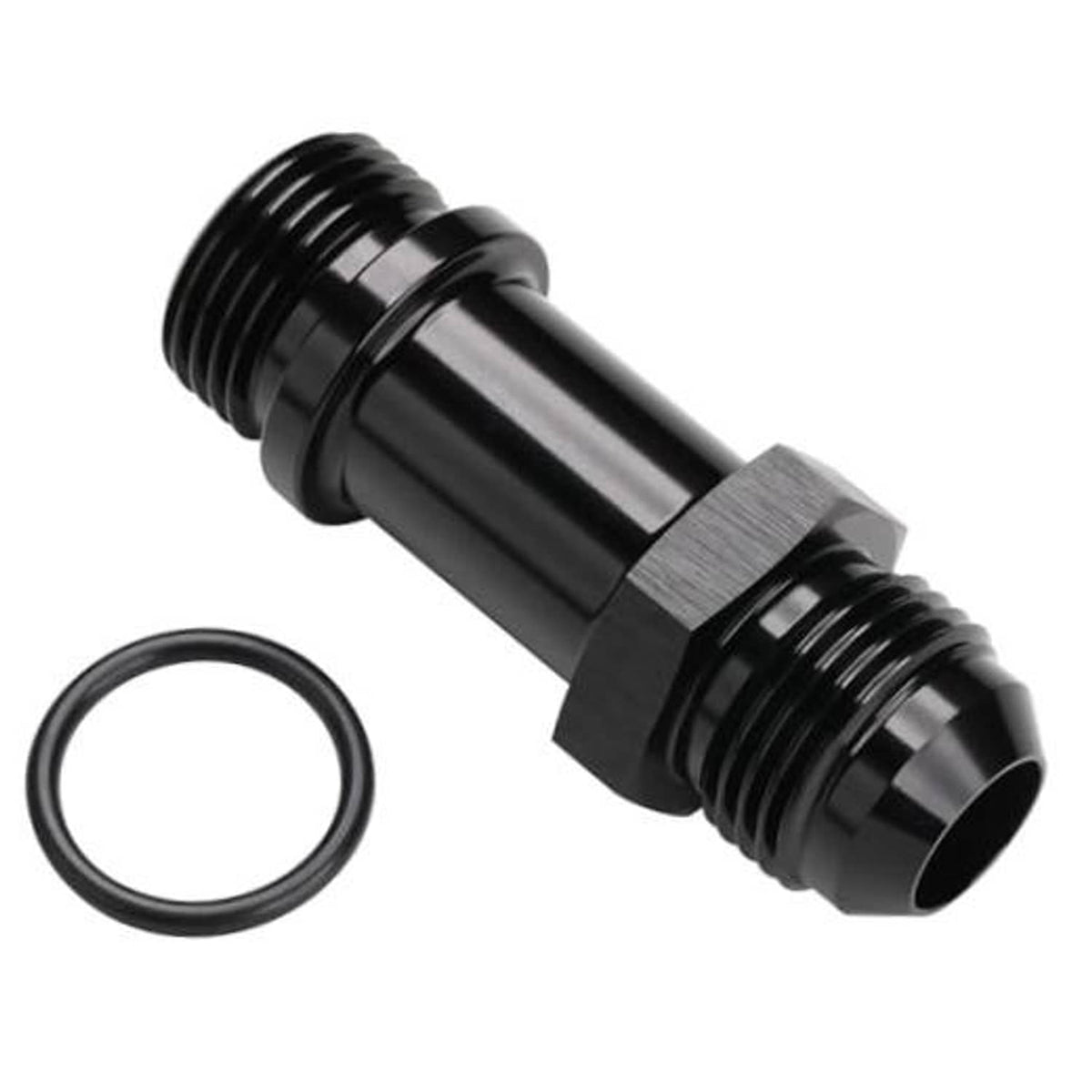 Black AN flare-to-ORB extension fitting with O-ring, male threaded ends