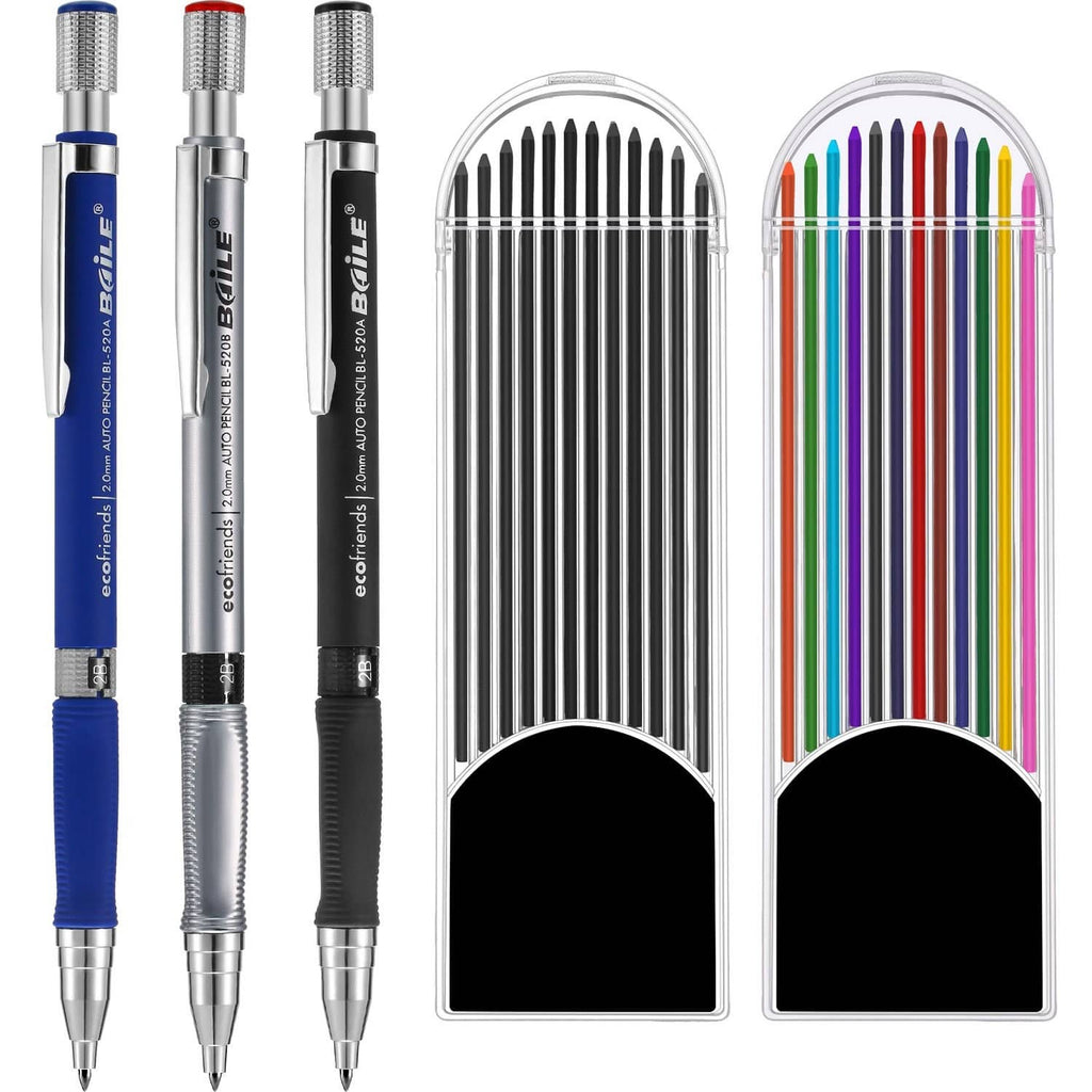 3-piece 2.0mm mechanical pencil set with 2 refill cases, assorted blue and black leads