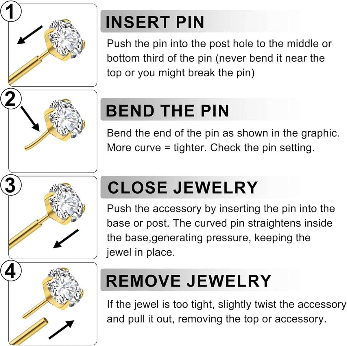 Flat-back CZ stud earring with pin and post shown for insertion steps