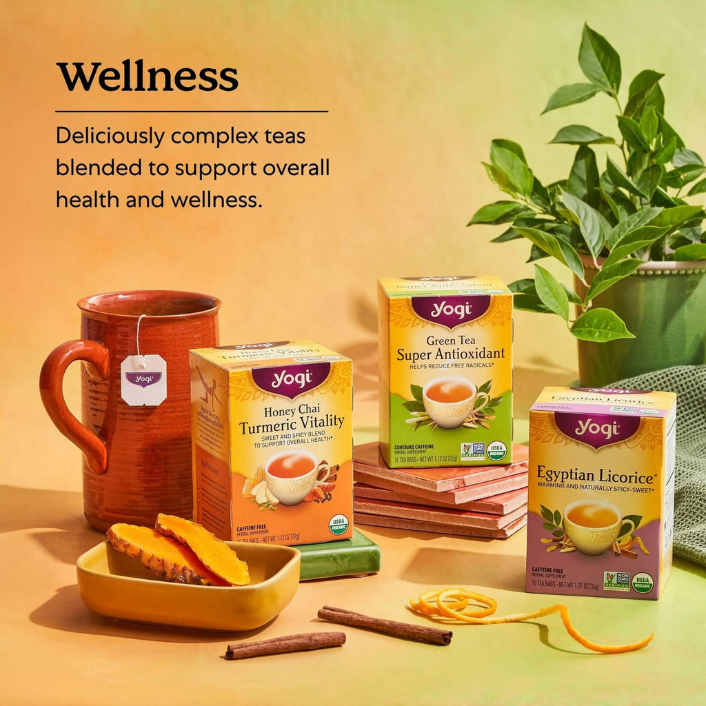 Yogi green tea decaf tea box in wellness product display