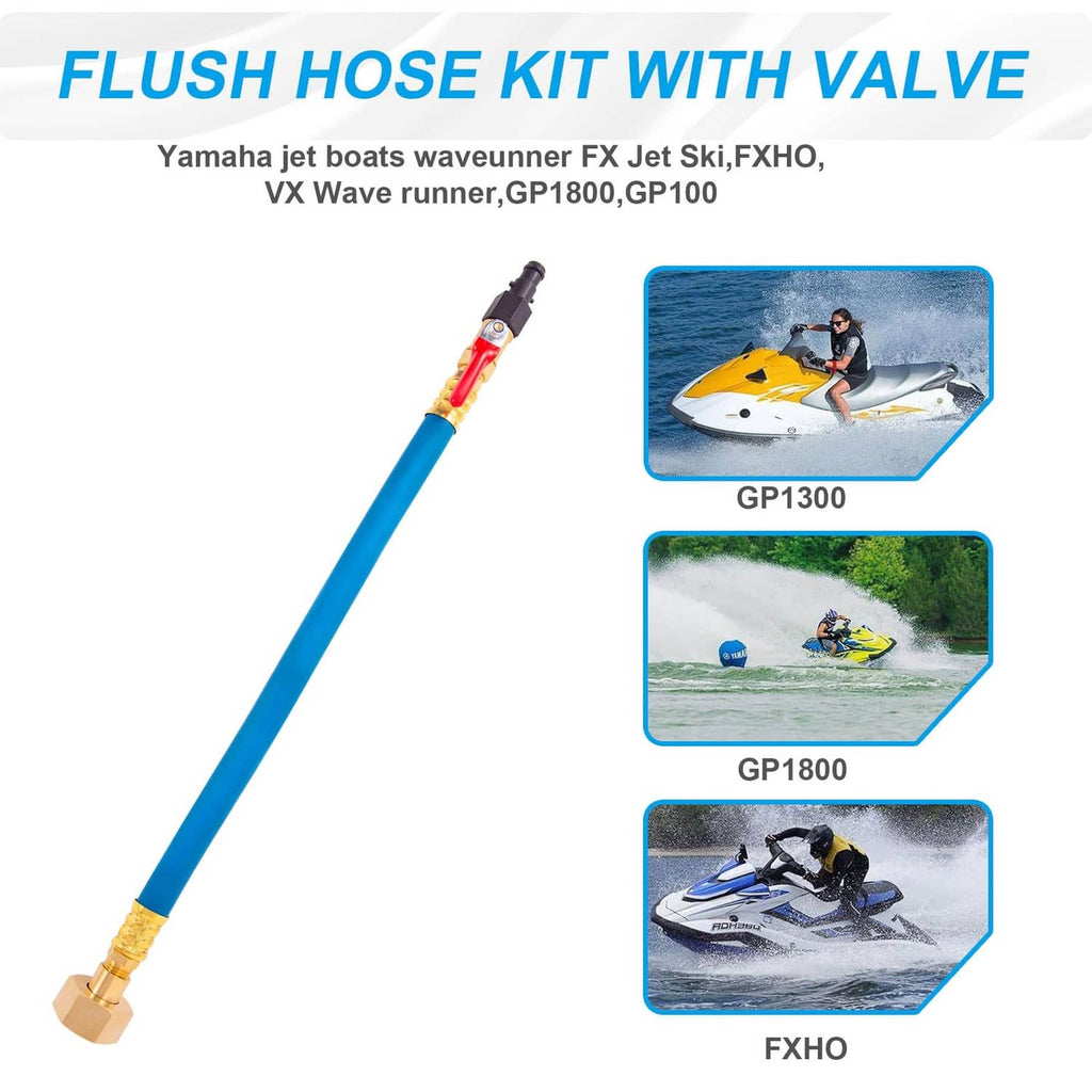 Blue flush hose kit with brass end fitting and black valve for jet boats