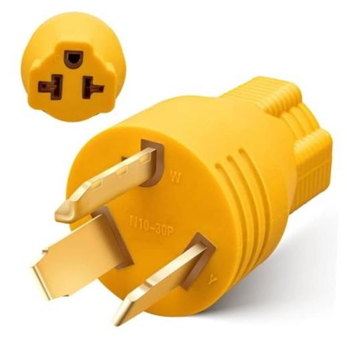 Yellow NEMA 10-30P to EV adapter plug with three-prong dryer-style connector