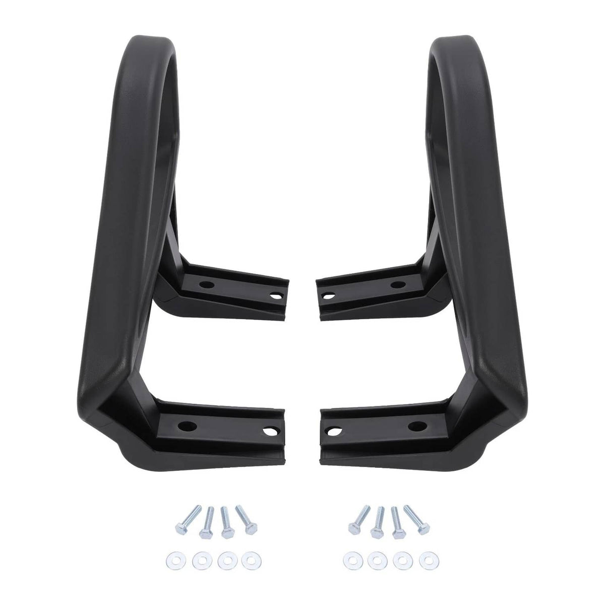 Black plastic golf cart seat armrest/hip restraint brackets with mounting plates