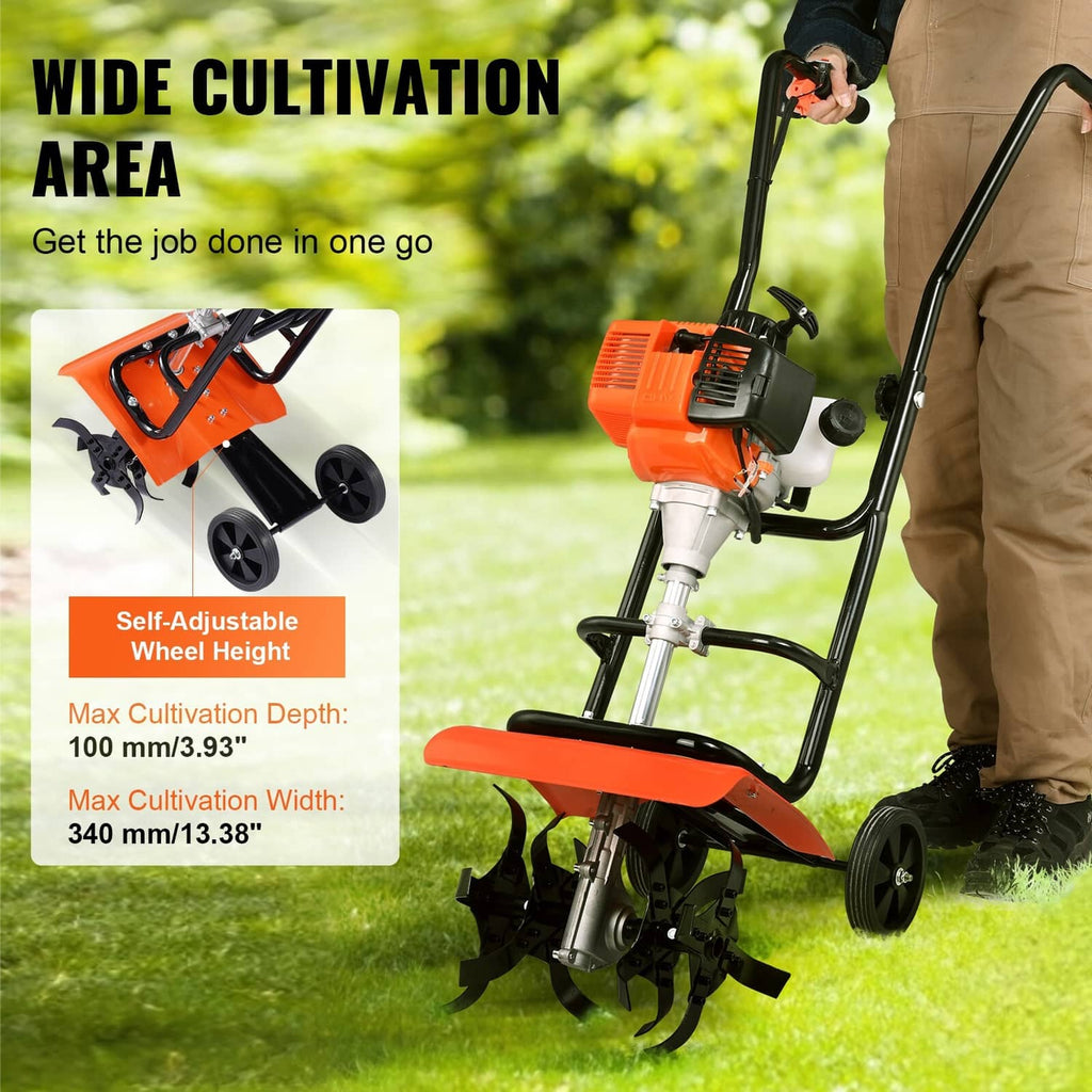 Gas garden tiller cultivator with orange blade hood, black handlebar, and front wheels