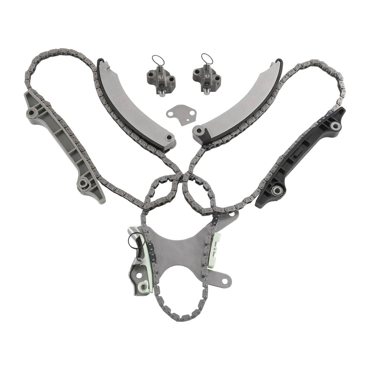 Timing chain kit with metal chains, guide rails, tensioners, and sprocket components