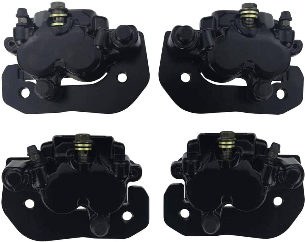 Black front brake caliper pair with mounting bracket and gold-toned brake fitting