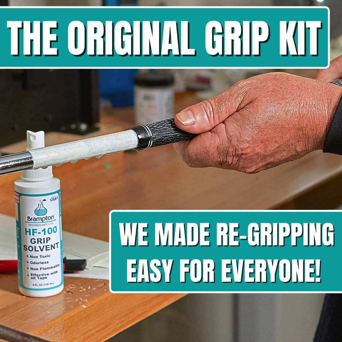 Grip solvent and club grip being prepped for regripping on a wooden workbench