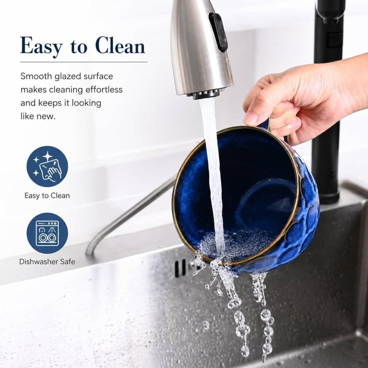 Blue ceramic soup mug with handle being rinsed with water from a faucet.