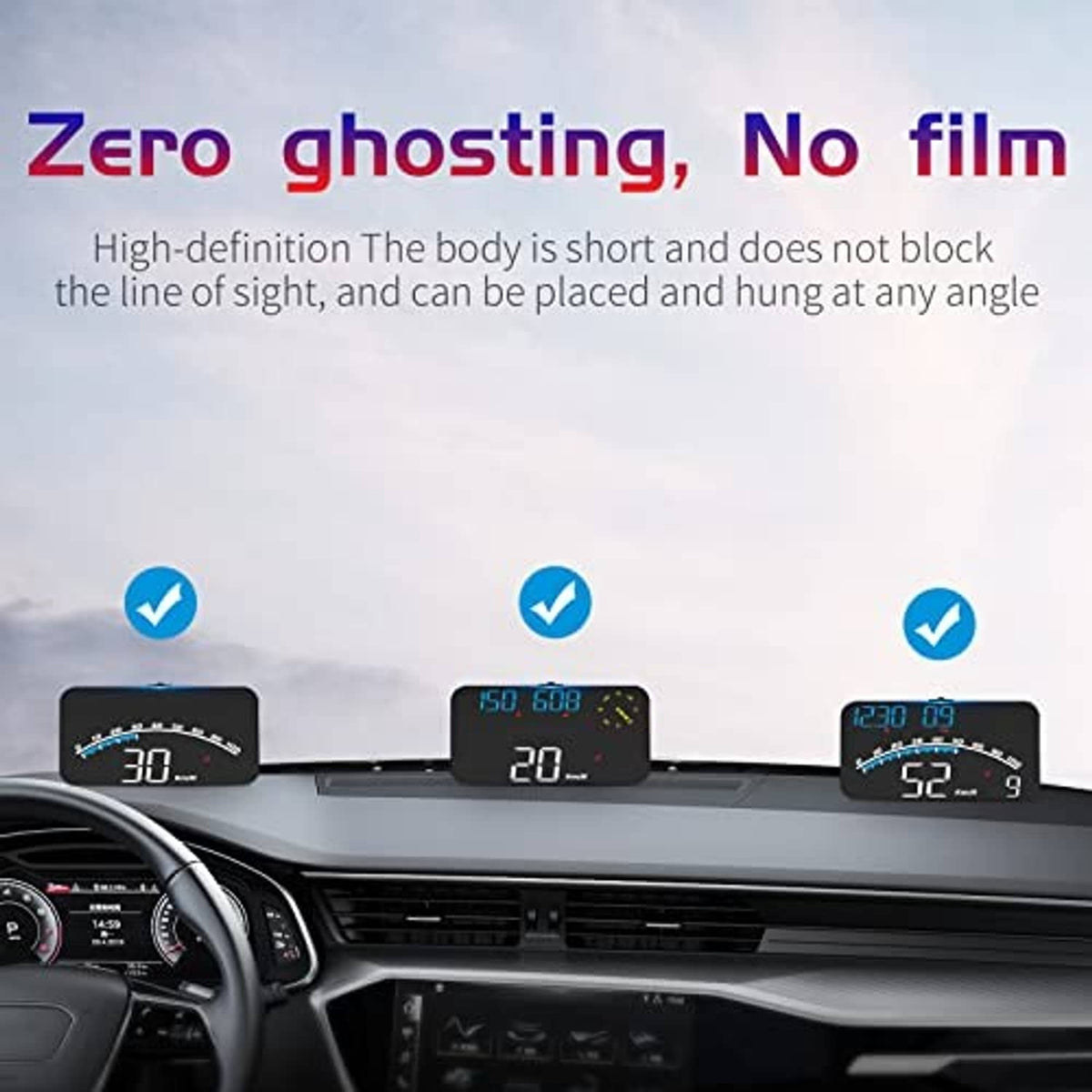 HUD head-up display speedometer mounted across the dashboard with small screen views