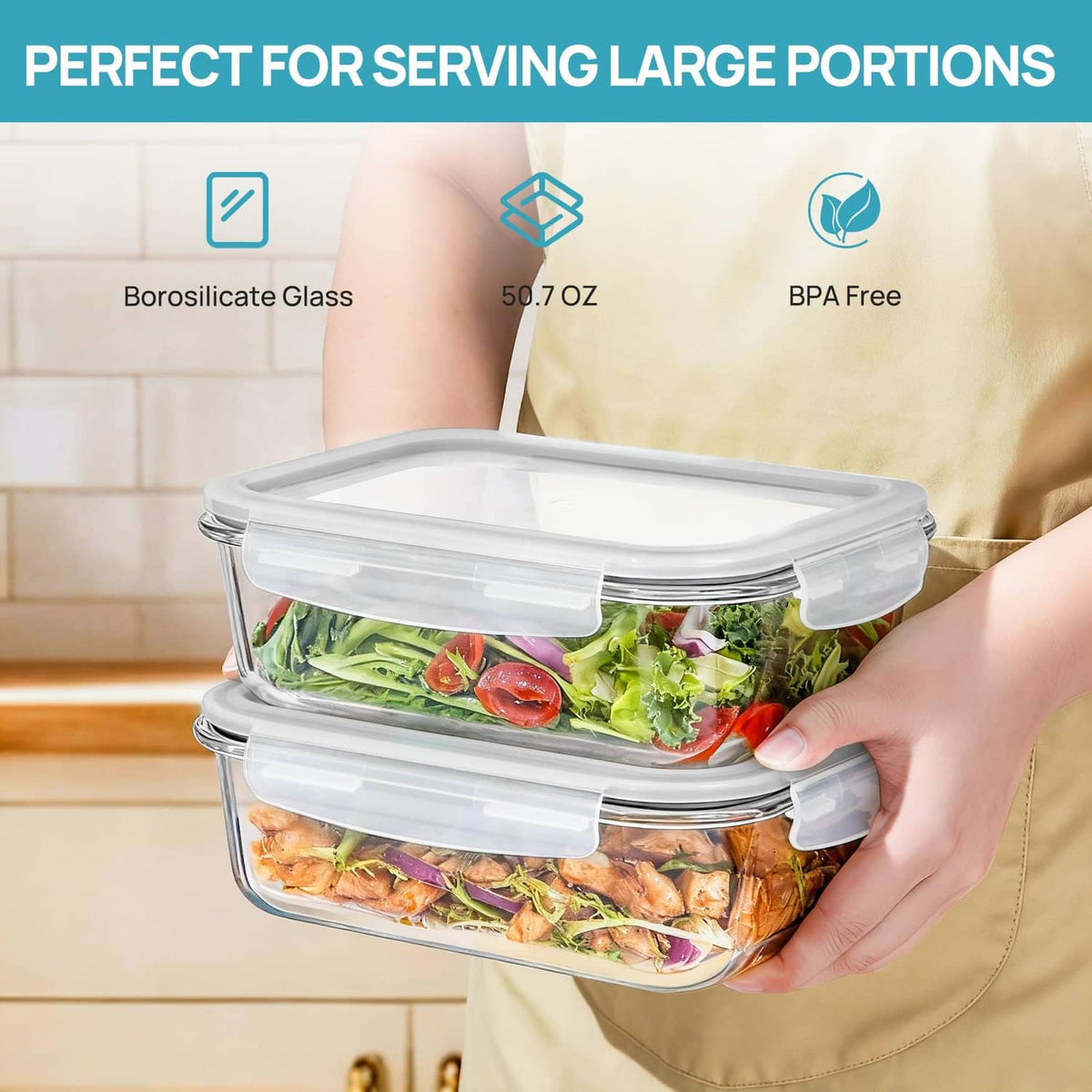 Stacked clear glass food storage containers with snap-lock lids, 50.7 oz