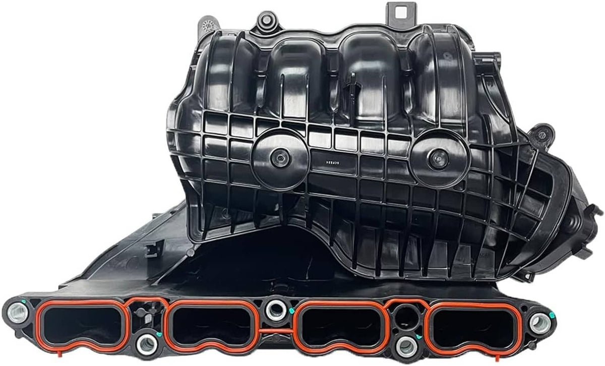 Black intake manifold with orange gasket channels and flange mounting points