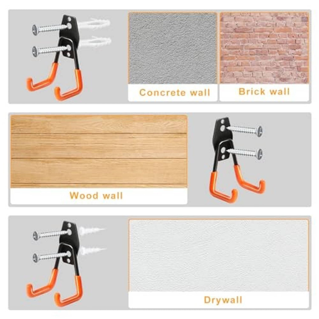 Wall hooks with screws for mounting; black bracket with orange rubber double-prong arms