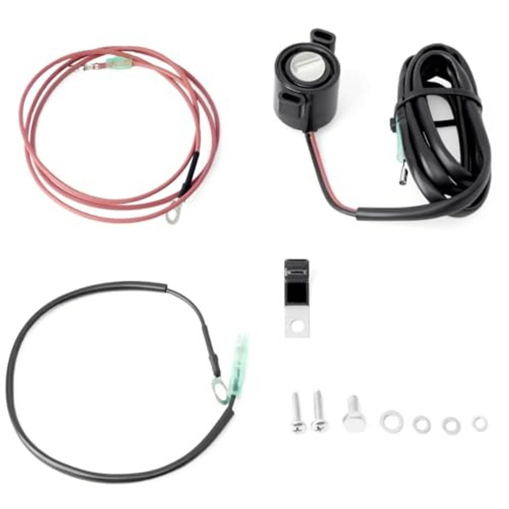 Starboard trim sender kit components: sensor, black cable harness, red wiring, and fasteners
