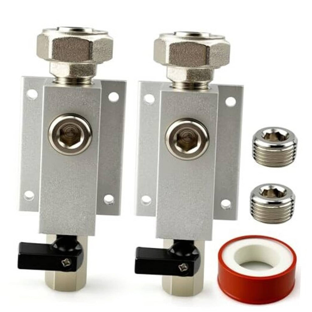 Air line outlet kit with two silver NPT fittings, brass plugs, and red PTFE tape roll