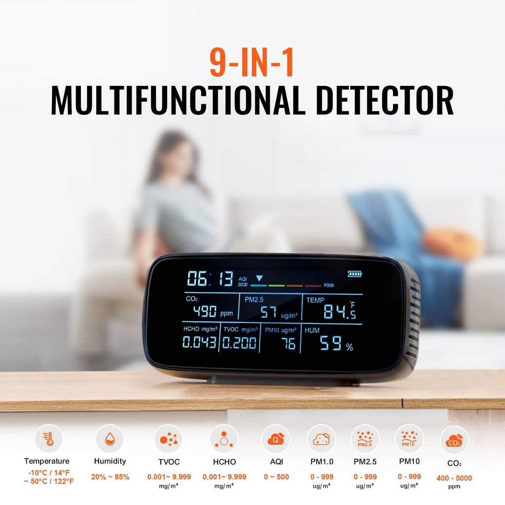 Air quality monitor on a stand displaying CO2, PM2.5, TVOC, humidity and AQI