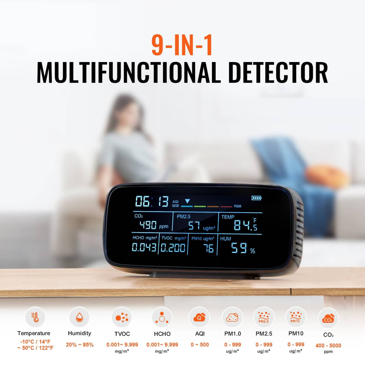Air quality monitor on a stand displaying CO2, PM2.5, TVOC, humidity and AQI