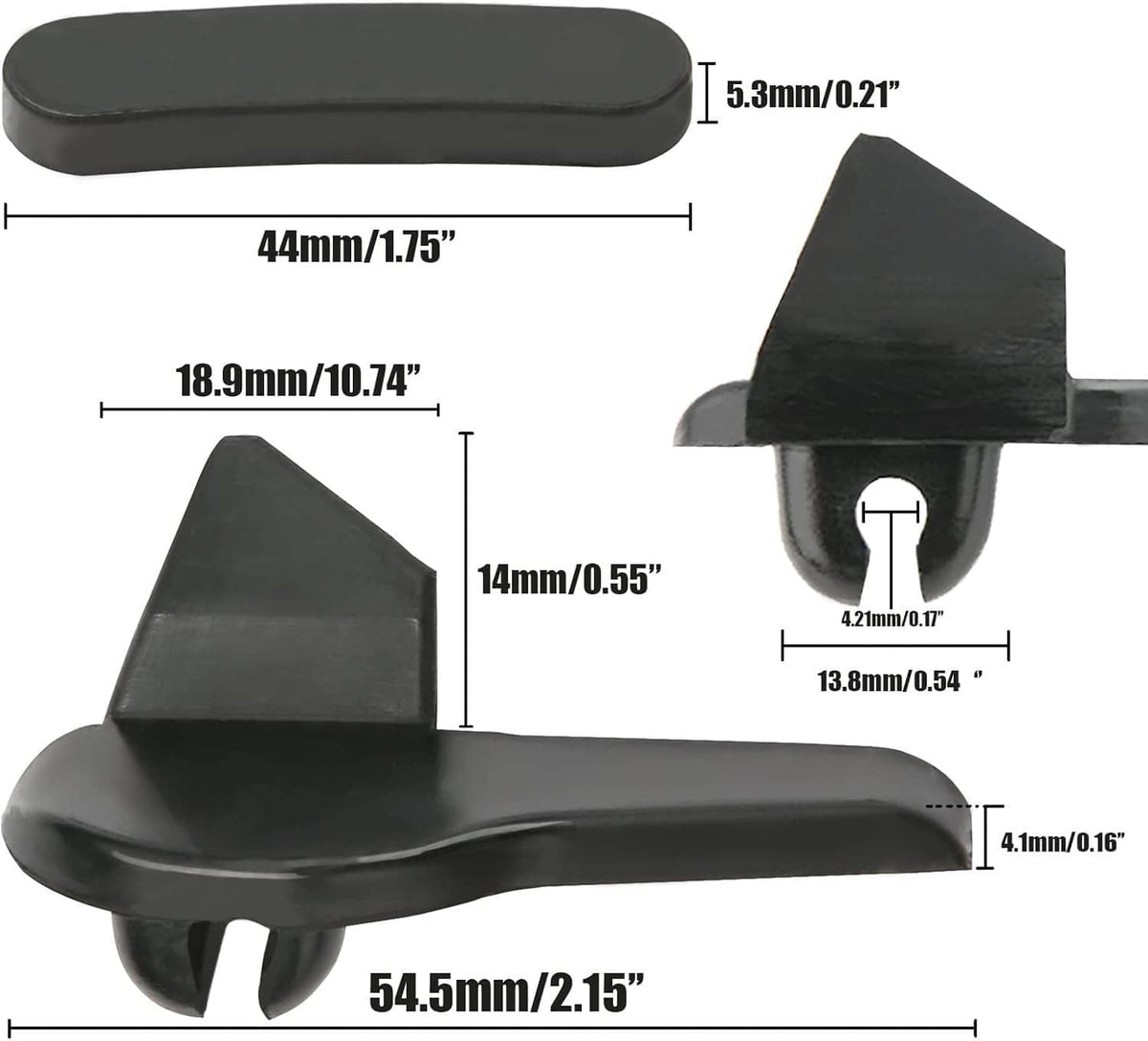 Single black tire changer duck head insert with size guide dimensions