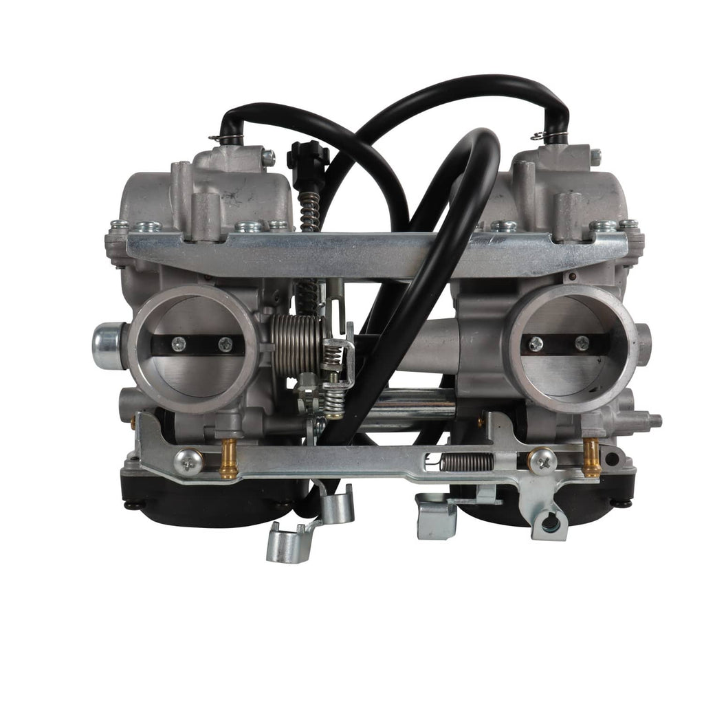 Two-barrel carburetor with twin intake openings and visible fuel/mixture components