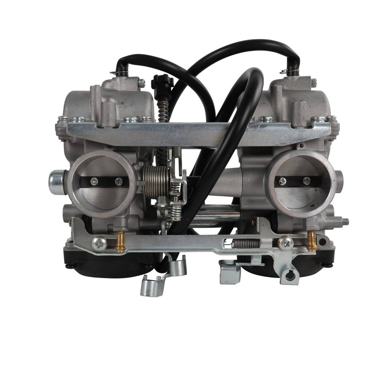 Two-barrel carburetor with twin intake openings and visible fuel/mixture components