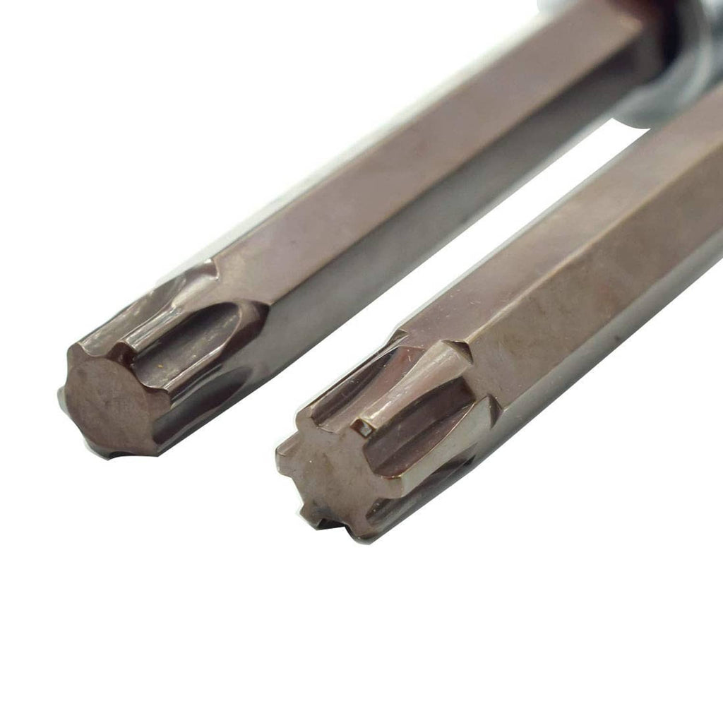 T52 Torx socket tips with star recesses on long steel bars, pair
