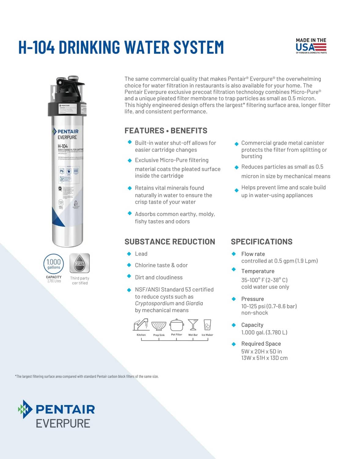 Everpure H-104 drinking water system box graphics with filter cartridge and specs